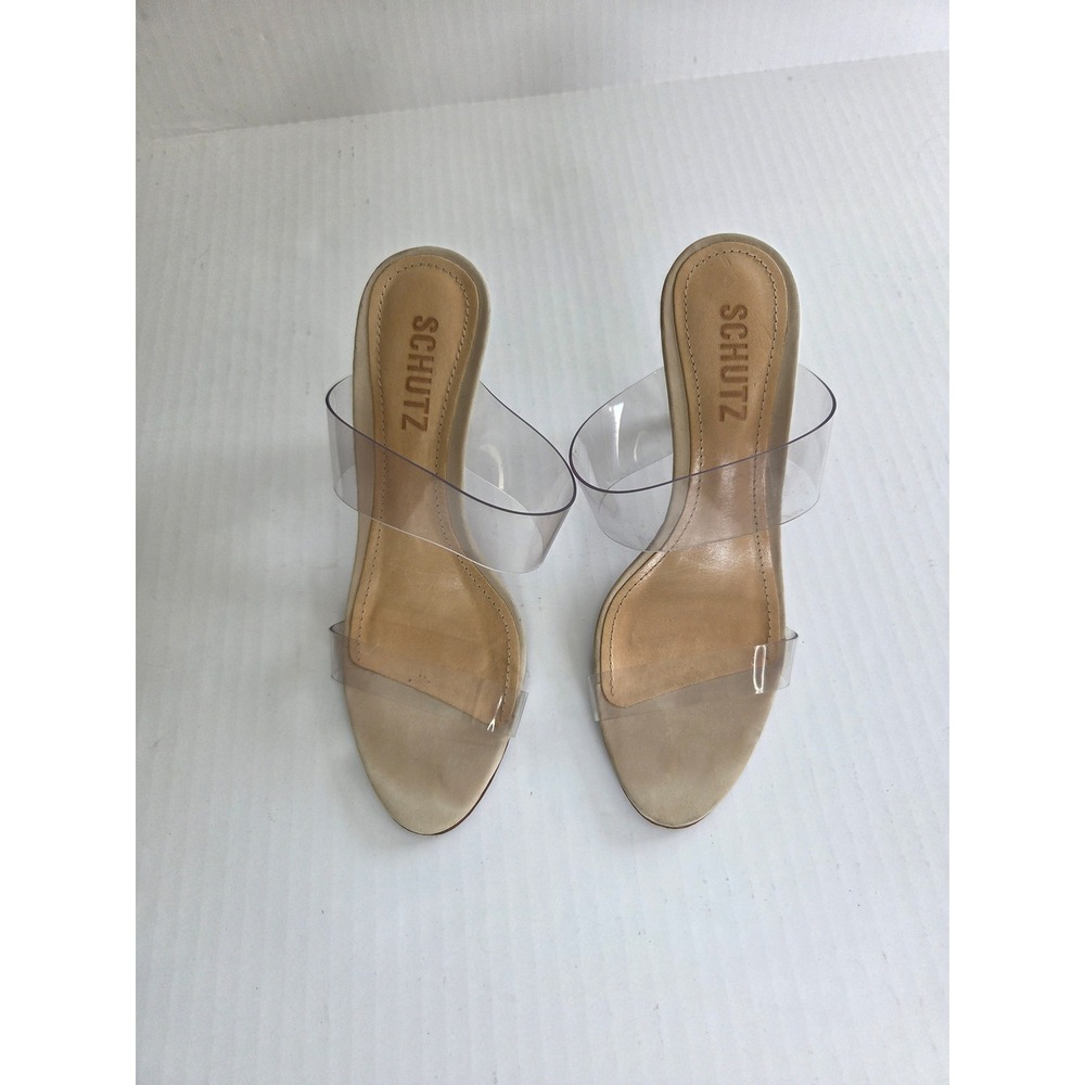 Schutz Ariella Beige Suede Clear Vinyl Double Strap Heels Size 5.5